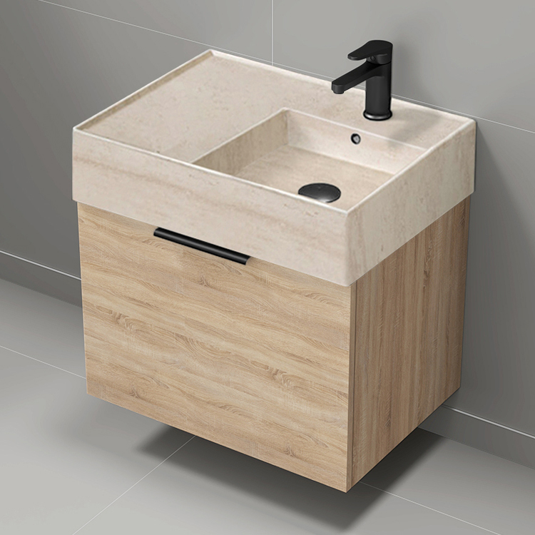 Nameeks DERIN843 Modern Bathroom Vanity With Beige Travertine Design Sink, Small, Floating, 24 Inch, Brown Oak